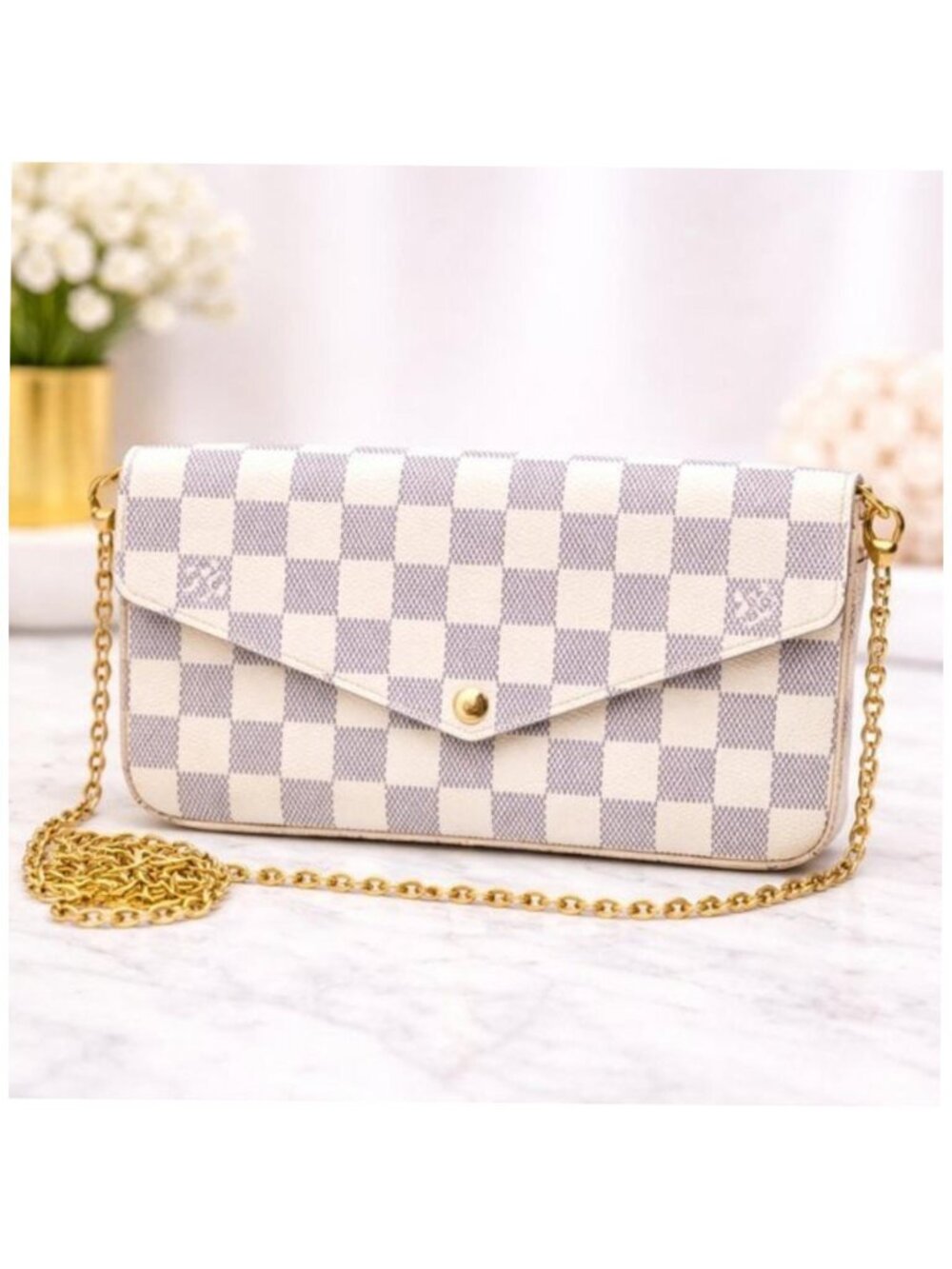 Authentic Louis Vuitton Félicie Pochette Damier Azur Chain Wallet/Crossbody